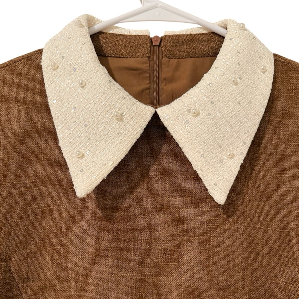 MOTF Womens Mini Dress Large Brown Pearl Trim White Tweed Collar Cuffs - Picture 5 of 13